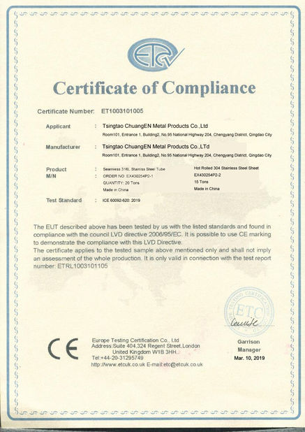 China Tsingtao ChuangEn Metal Products Co.,Ltd certification